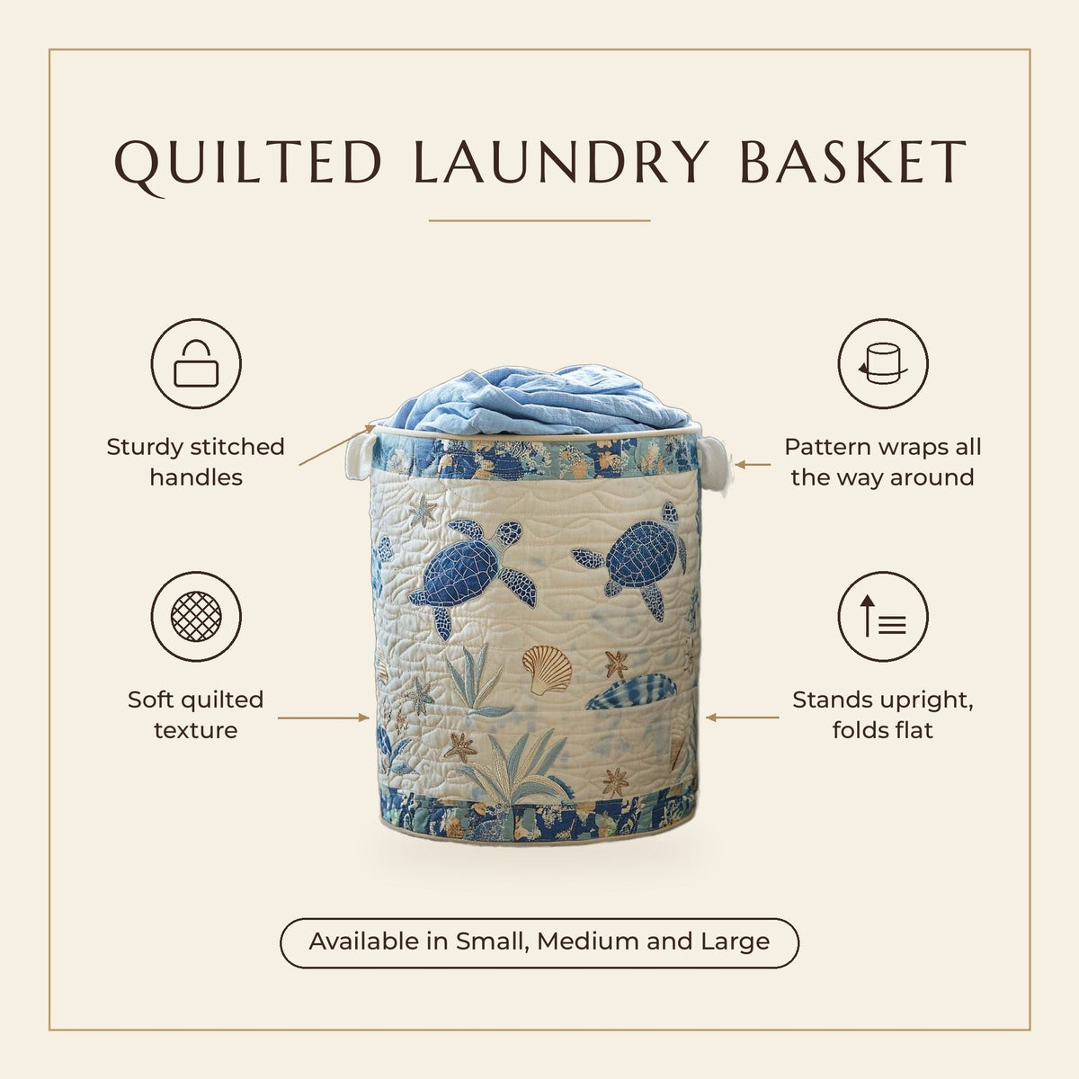 Quilted Laundry Basket - Sea Turtle features infographic