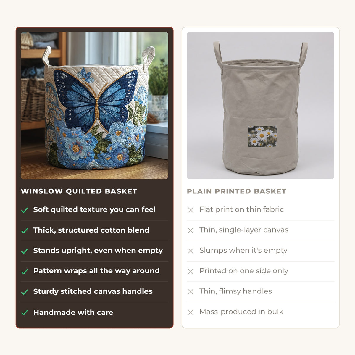 Quilted Laundry Basket - Serene Charm compared with a plain printed basket