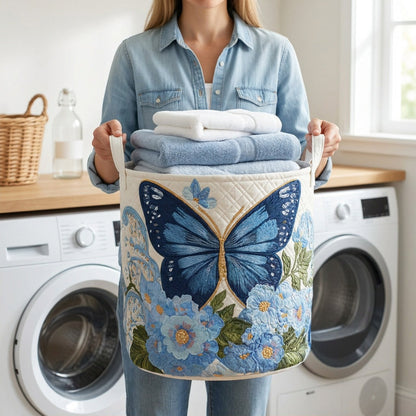 Quilted Laundry Basket - Serene Charm held in a laundry room, filled with towels