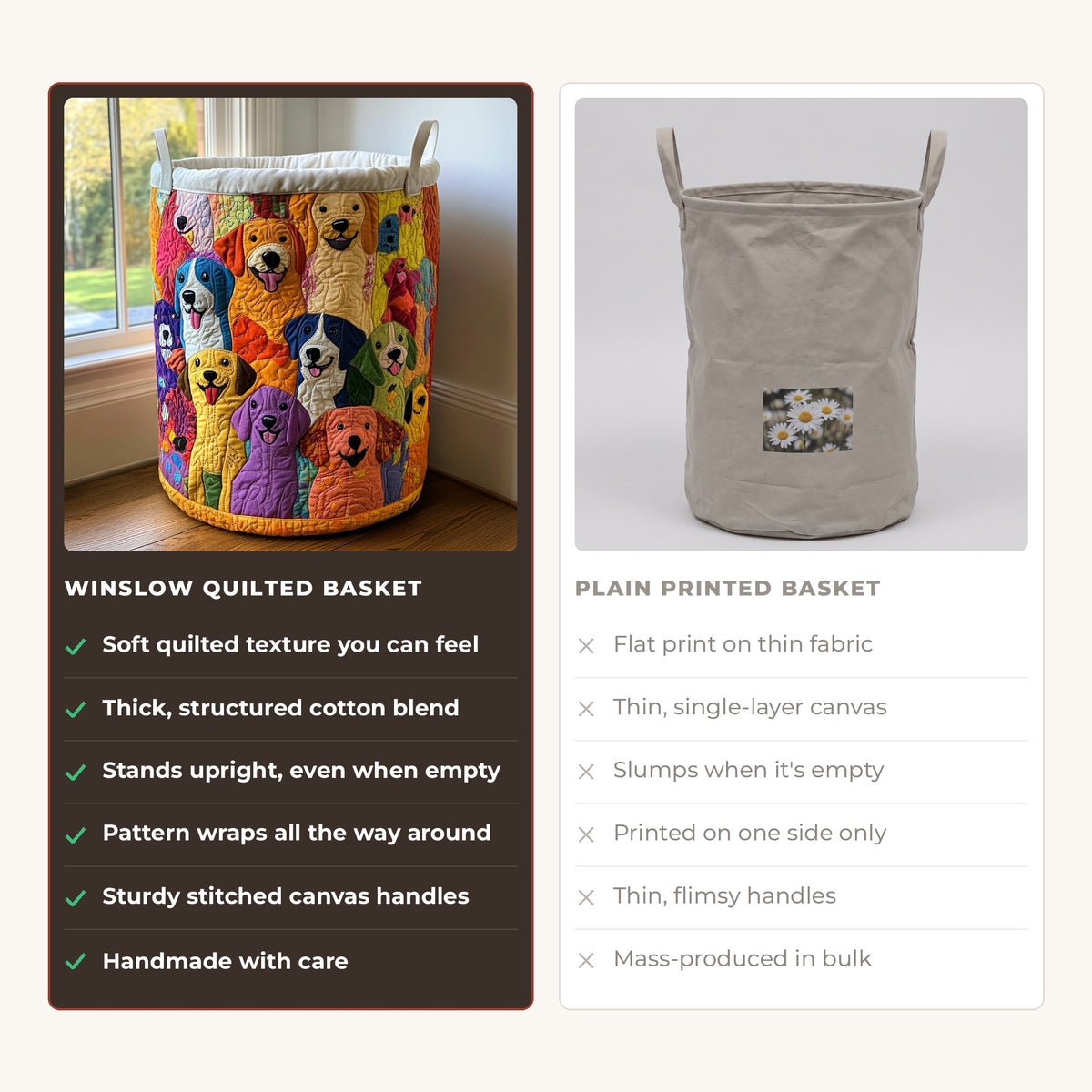Quilted Laundry Basket - Shining Dogs compared with a plain printed basket