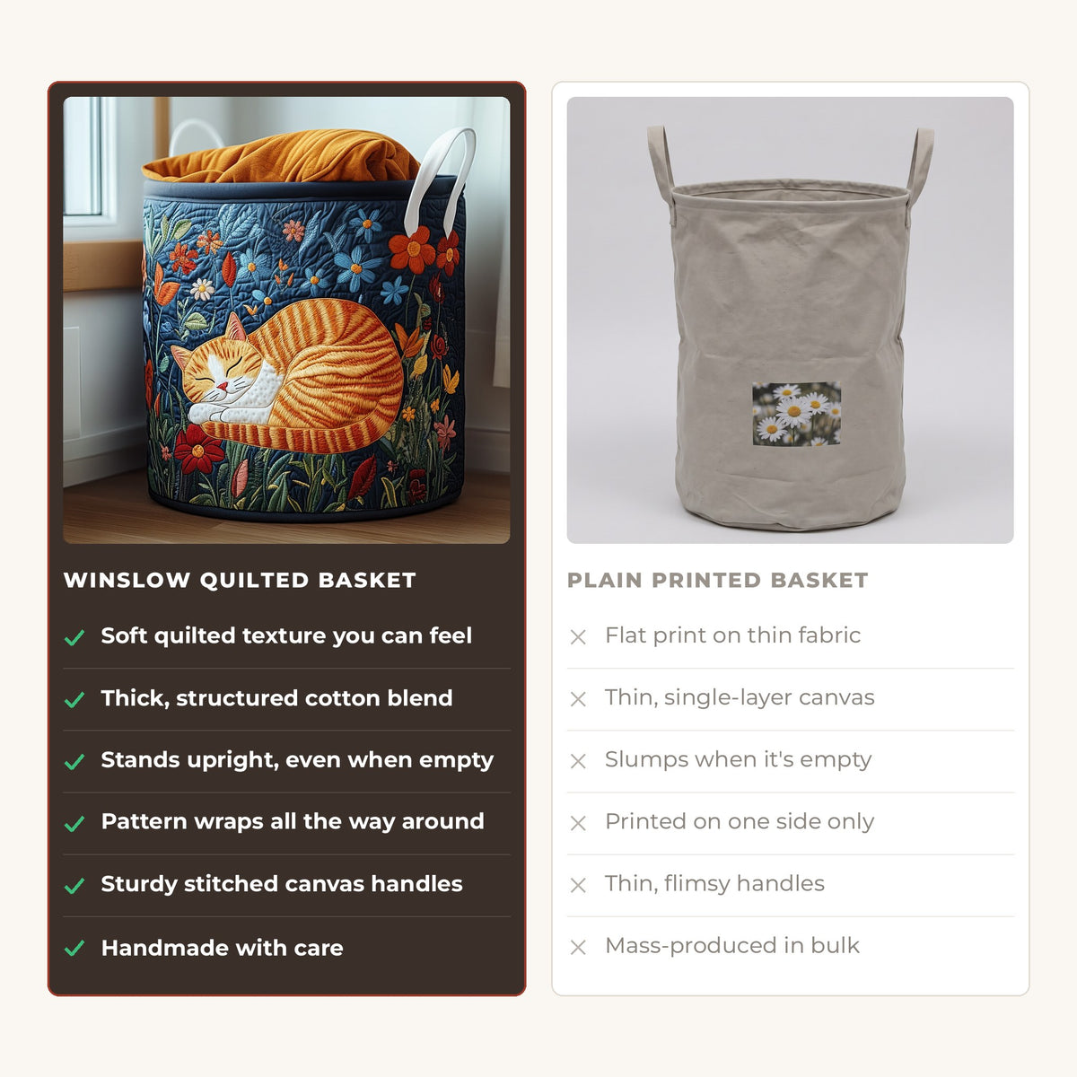 Quilted Laundry Basket - Siesta in the Sun compared with a plain printed basket