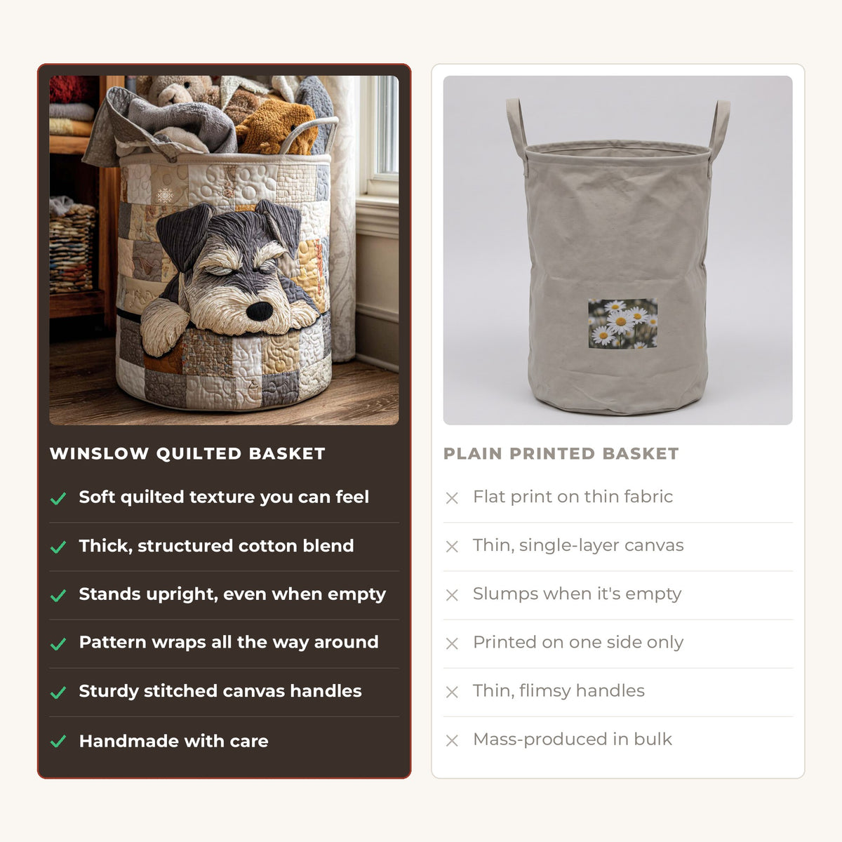 Quilted Laundry Basket - Sleeping Schnauzer compared with a plain printed basket