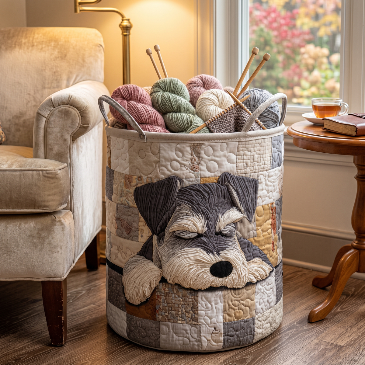 Quilted Laundry Basket - Sleeping Schnauzer