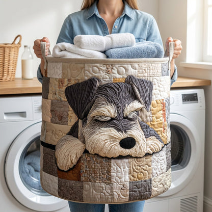 Quilted Laundry Basket - Sleeping Schnauzer held in a laundry room, filled with towels