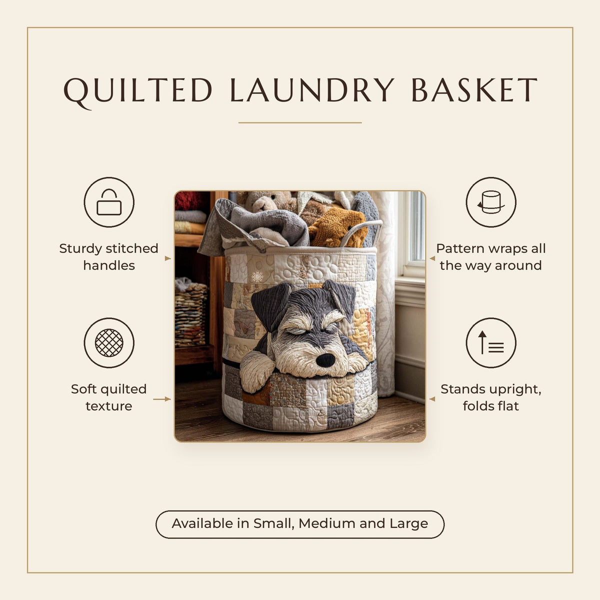 Quilted Laundry Basket - Sleeping Schnauzer features infographic