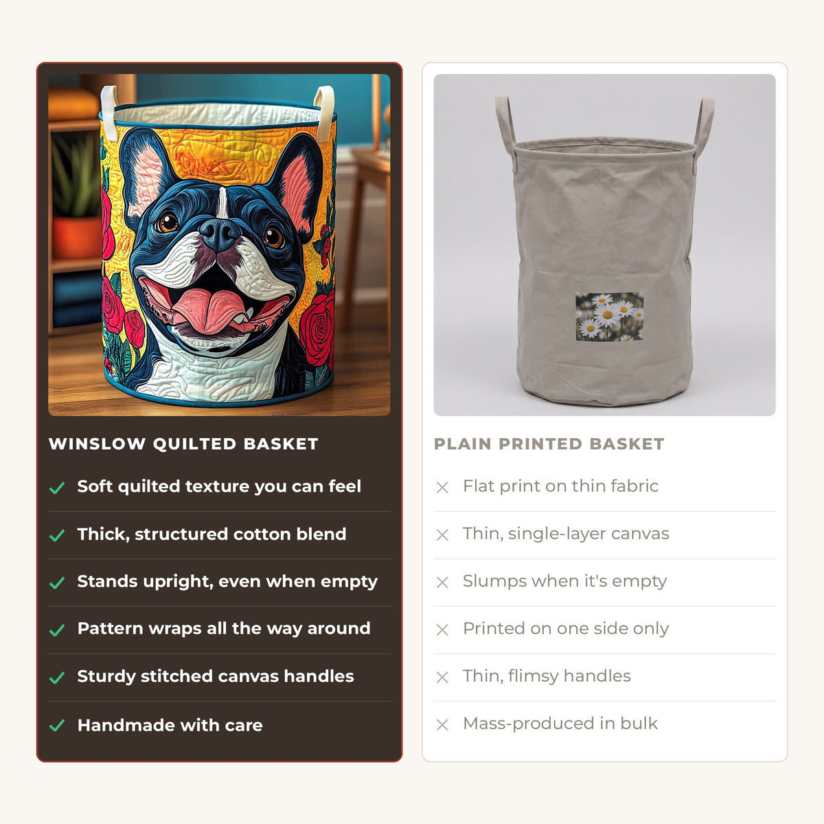 Quilted Laundry Basket - Smiling French Bulldog compared with a plain printed basket