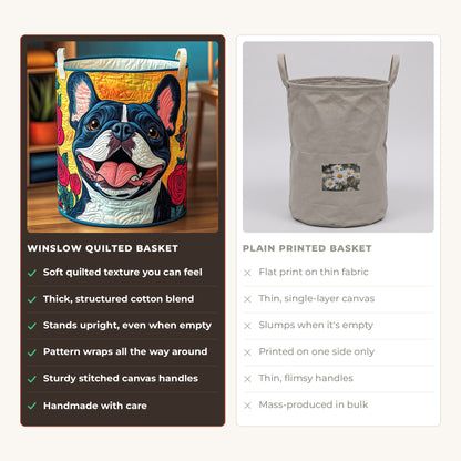 Quilted Laundry Basket - Smiling French Bulldog compared with a plain printed basket