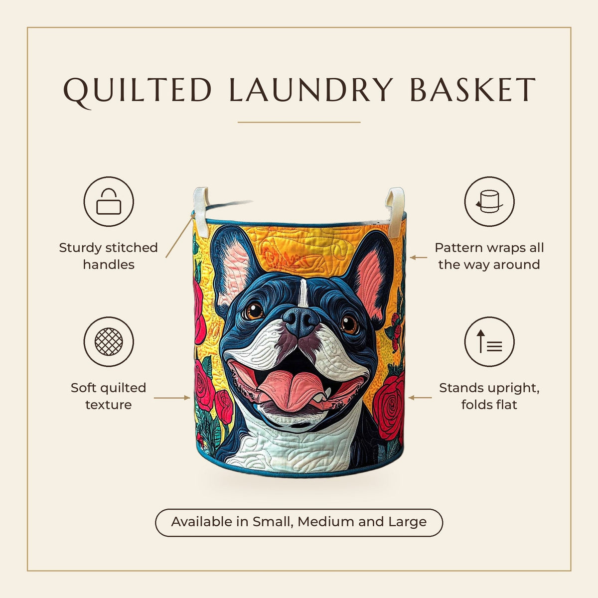 Quilted Laundry Basket - Smiling French Bulldog features infographic