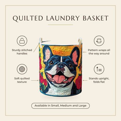 Quilted Laundry Basket - Smiling French Bulldog features infographic