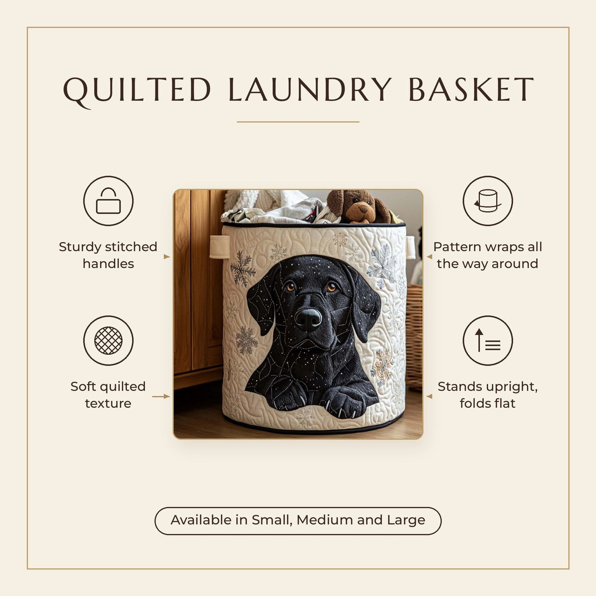 Quilted Laundry Basket - Snow Friends features infographic