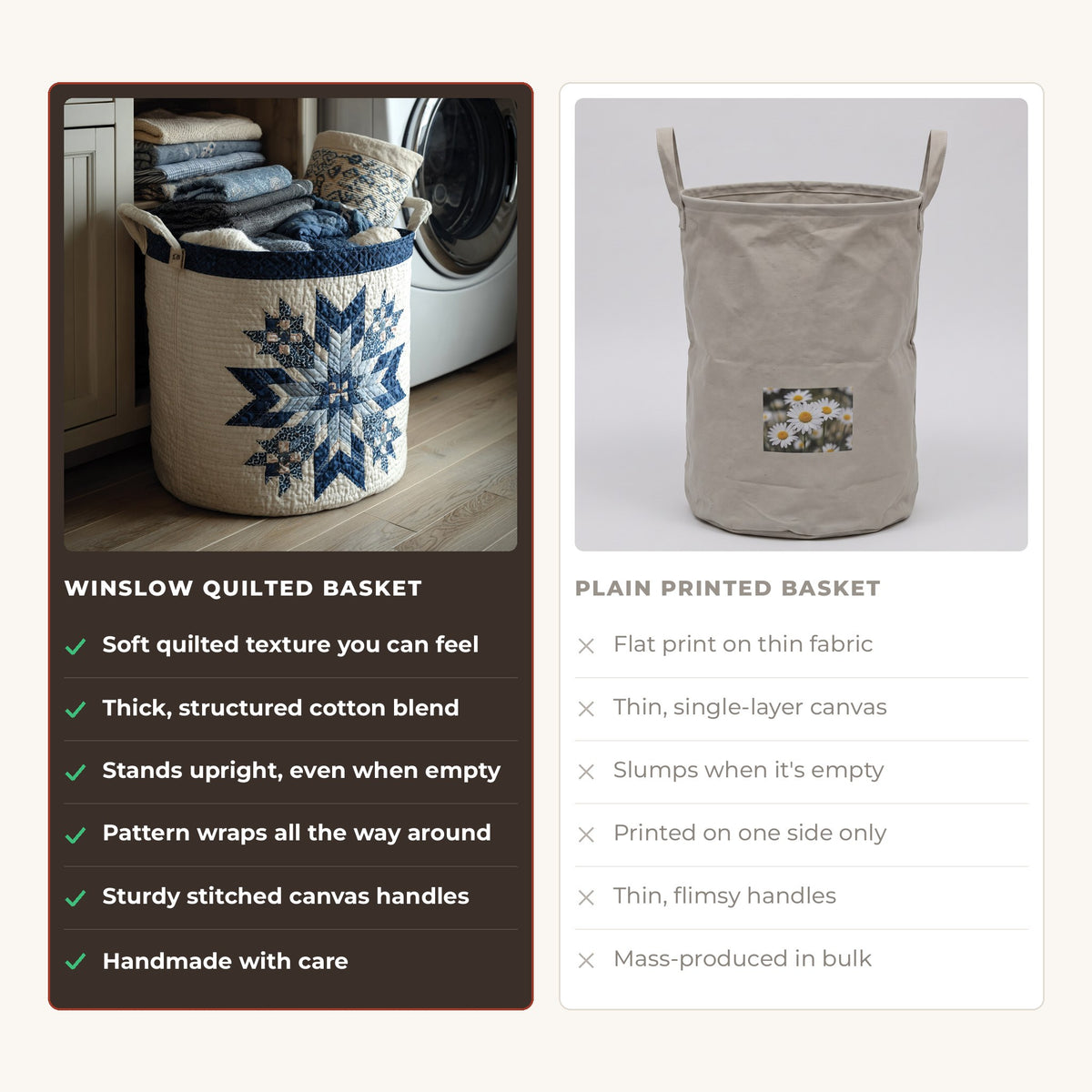 Quilted Laundry Basket - Snowflake compared with a plain printed basket