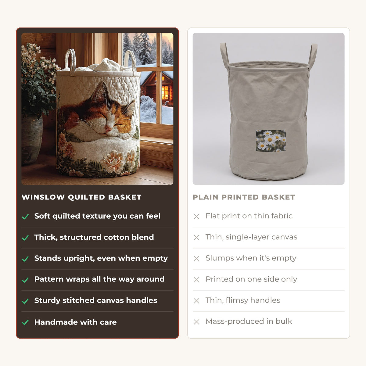 Quilted Laundry Basket - Snowy Calm compared with a plain printed basket