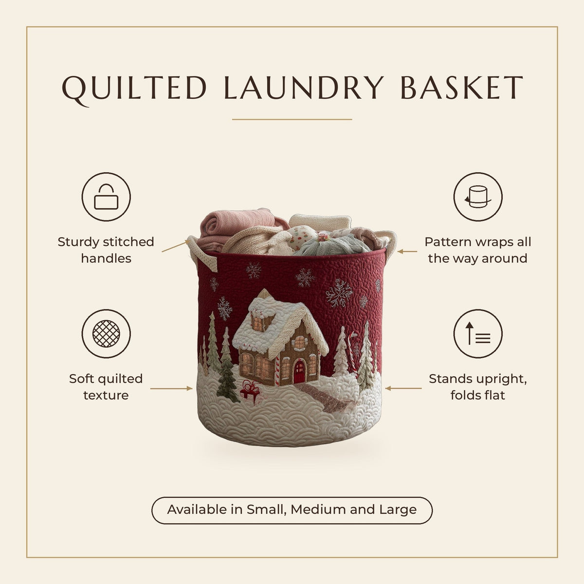 Quilted Laundry Basket - Snowy Spirit features infographic