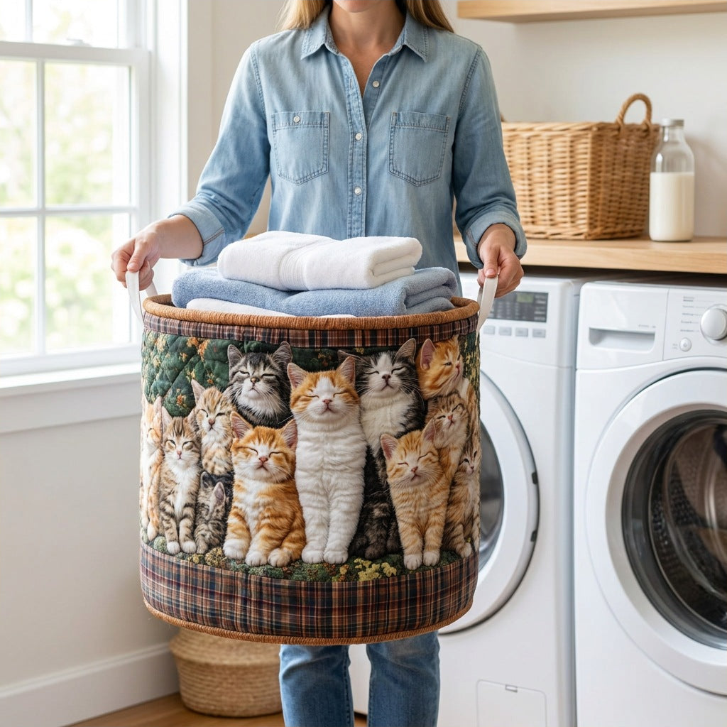 Quilted Laundry Basket - Soft Cocoon held in a laundry room, filled with towels