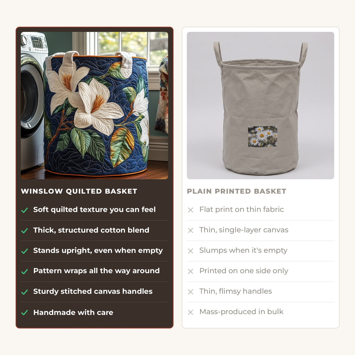 Quilted Laundry Basket - Soft Magnolia compared with a plain printed basket