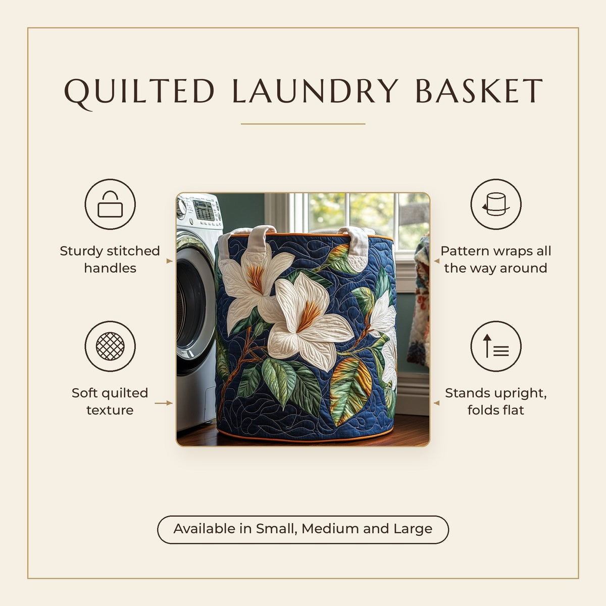 Quilted Laundry Basket - Soft Magnolia features infographic