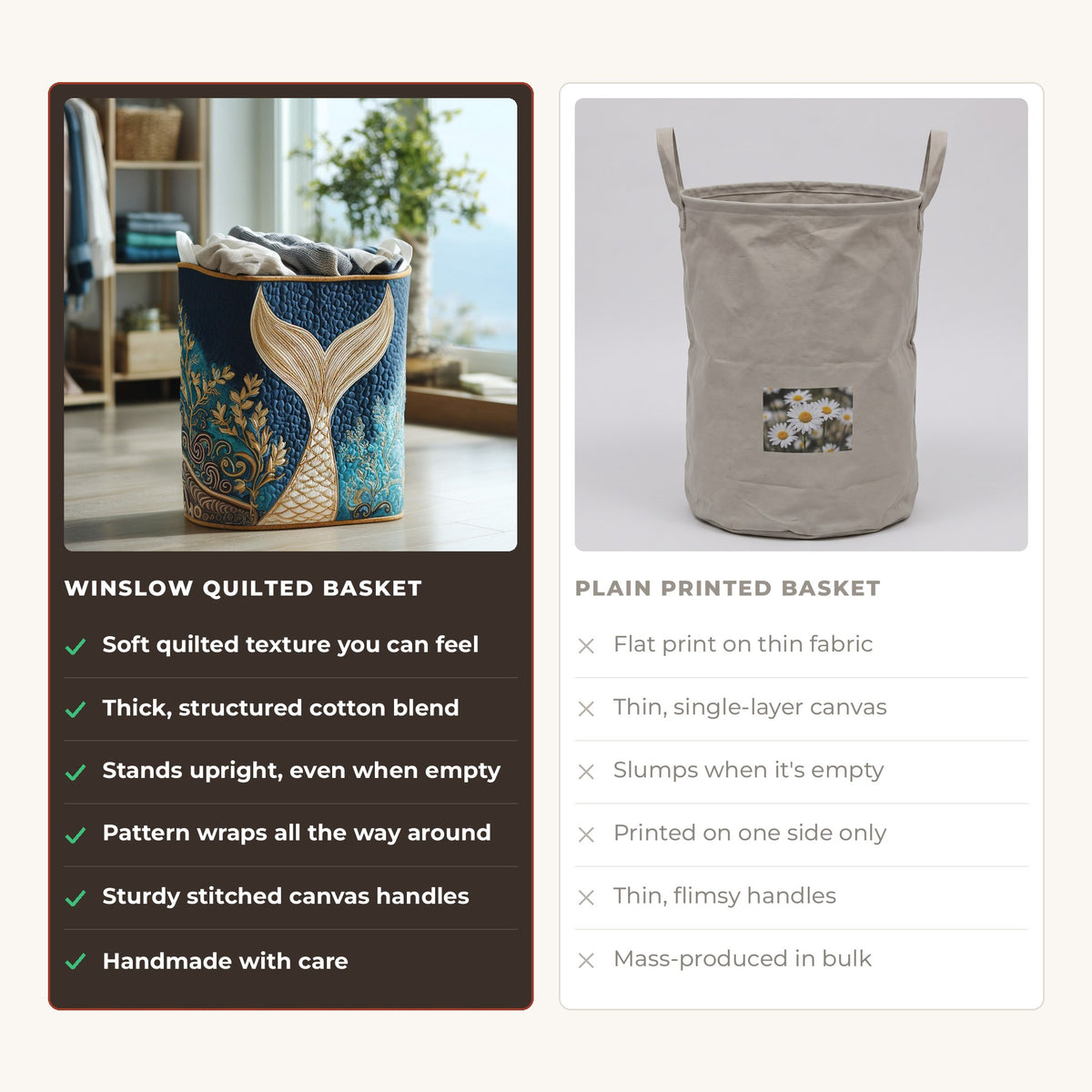 Quilted Laundry Basket - Sparkling Tides compared with a plain printed basket