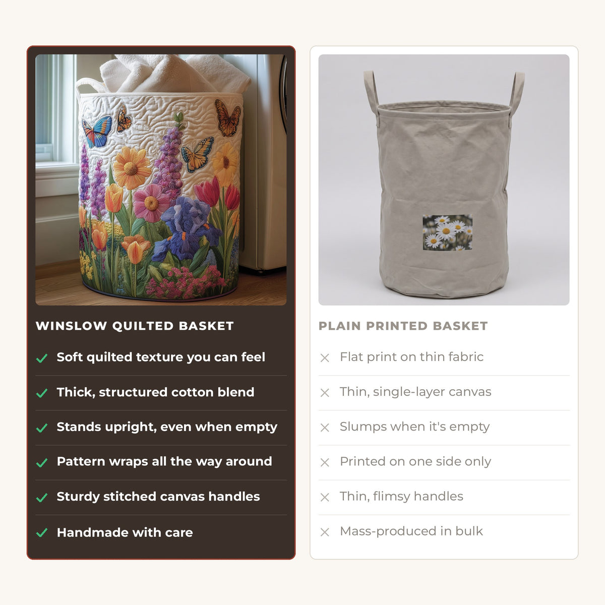 Quilted Laundry Basket - Spring Flower compared with a plain printed basket