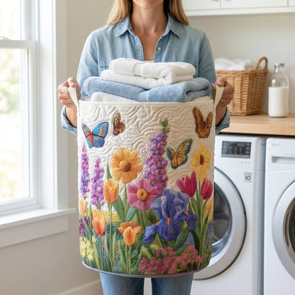 Quilted Laundry Basket - Spring Flower held in a laundry room, filled with towels