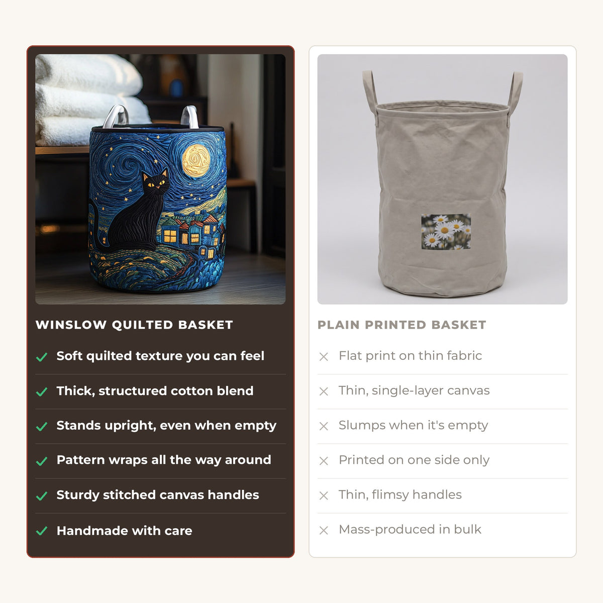Quilted Laundry Basket - Star Paws compared with a plain printed basket