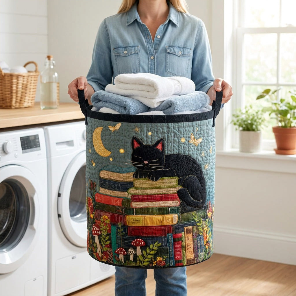 Quilted Laundry Basket - Starry Book Land held in a laundry room, filled with towels