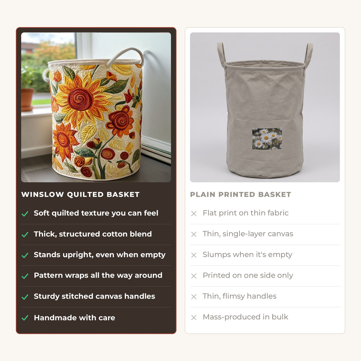 Quilted Laundry Basket - Sun Cushions compared with a plain printed basket
