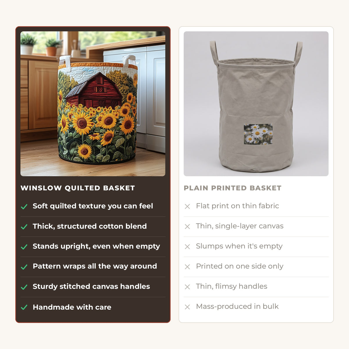 Quilted Laundry Basket - Sunflower Barn compared with a plain printed basket