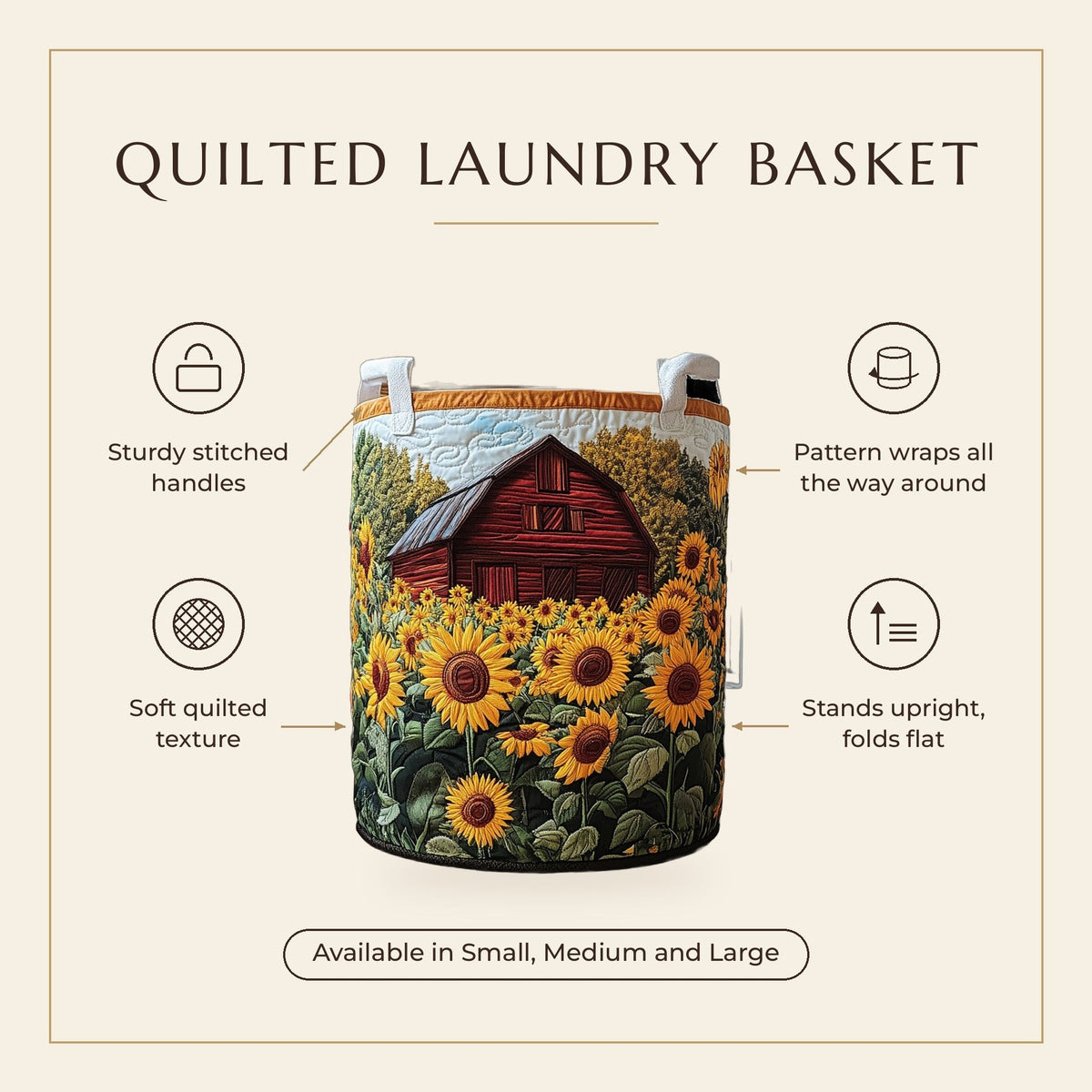 Quilted Laundry Basket - Sunflower Barn features infographic