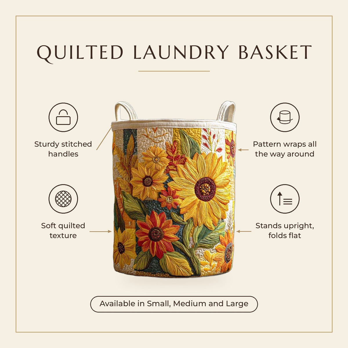 Quilted Laundry Basket - Sunflower II features infographic