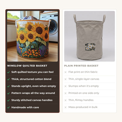 Quilted Laundry Basket - Sunflowers compared with a plain printed basket