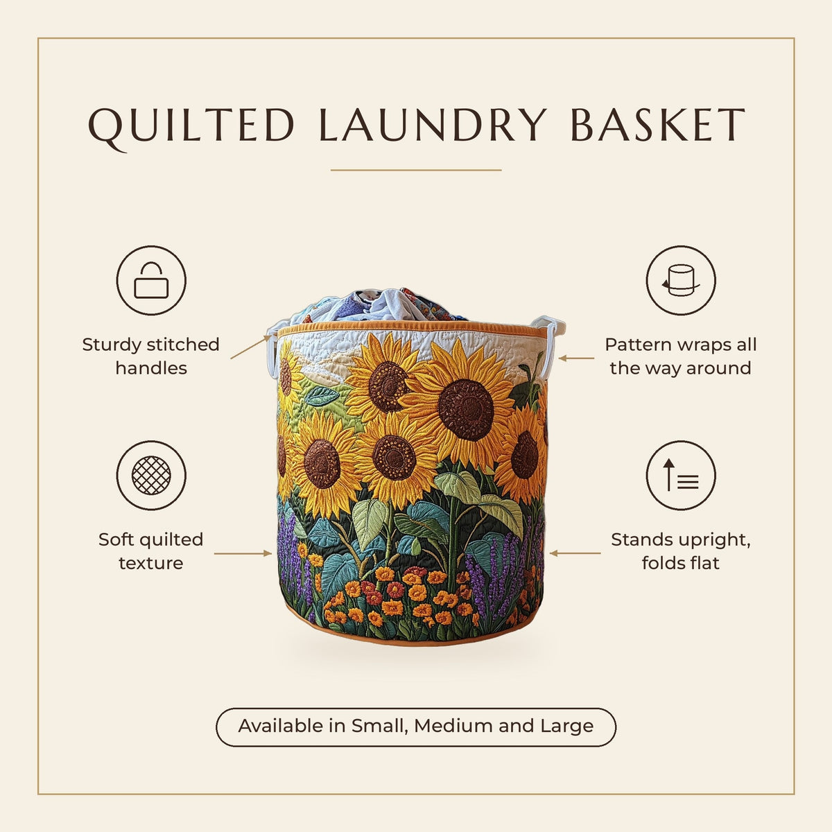 Quilted Laundry Basket - Sunflowers features infographic