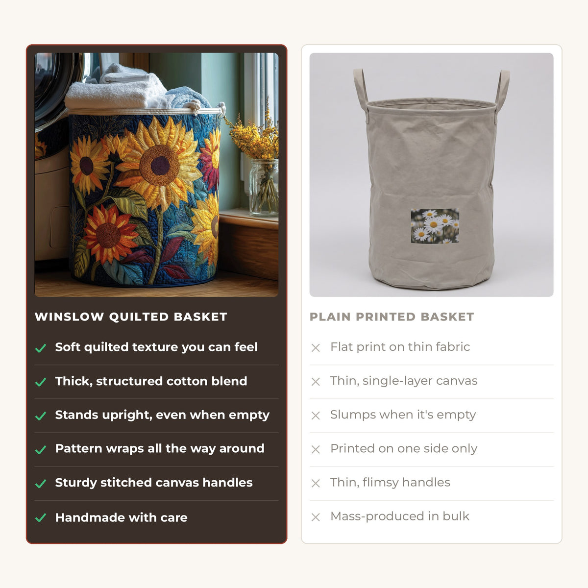Quilted Laundry Basket - Sunny Flowers compared with a plain printed basket