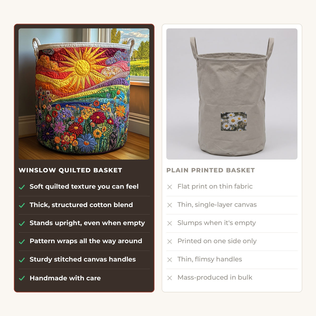 Quilted Laundry Basket - Sunny Indulgence compared with a plain printed basket