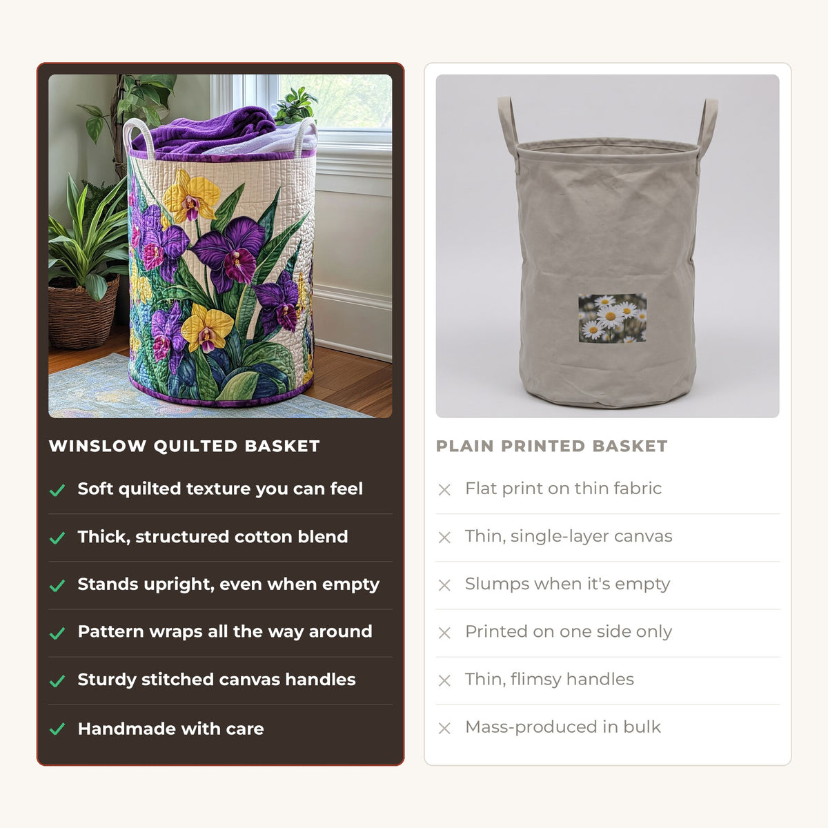 Quilted Laundry Basket - Sunset with Orchids compared with a plain printed basket