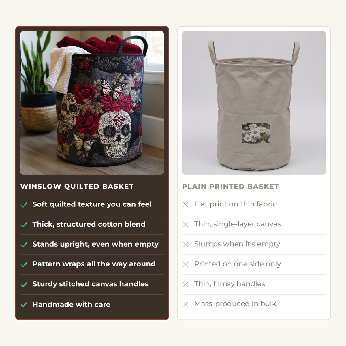 Quilted Laundry Basket - Sweet Spirit compared with a plain printed basket
