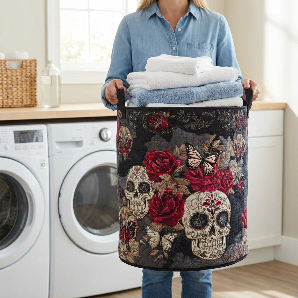 Quilted Laundry Basket - Sweet Spirit held in a laundry room, filled with towels