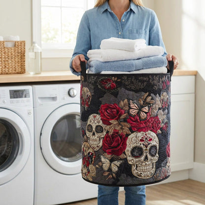 Quilted Laundry Basket - Sweet Spirit held in a laundry room, filled with towels