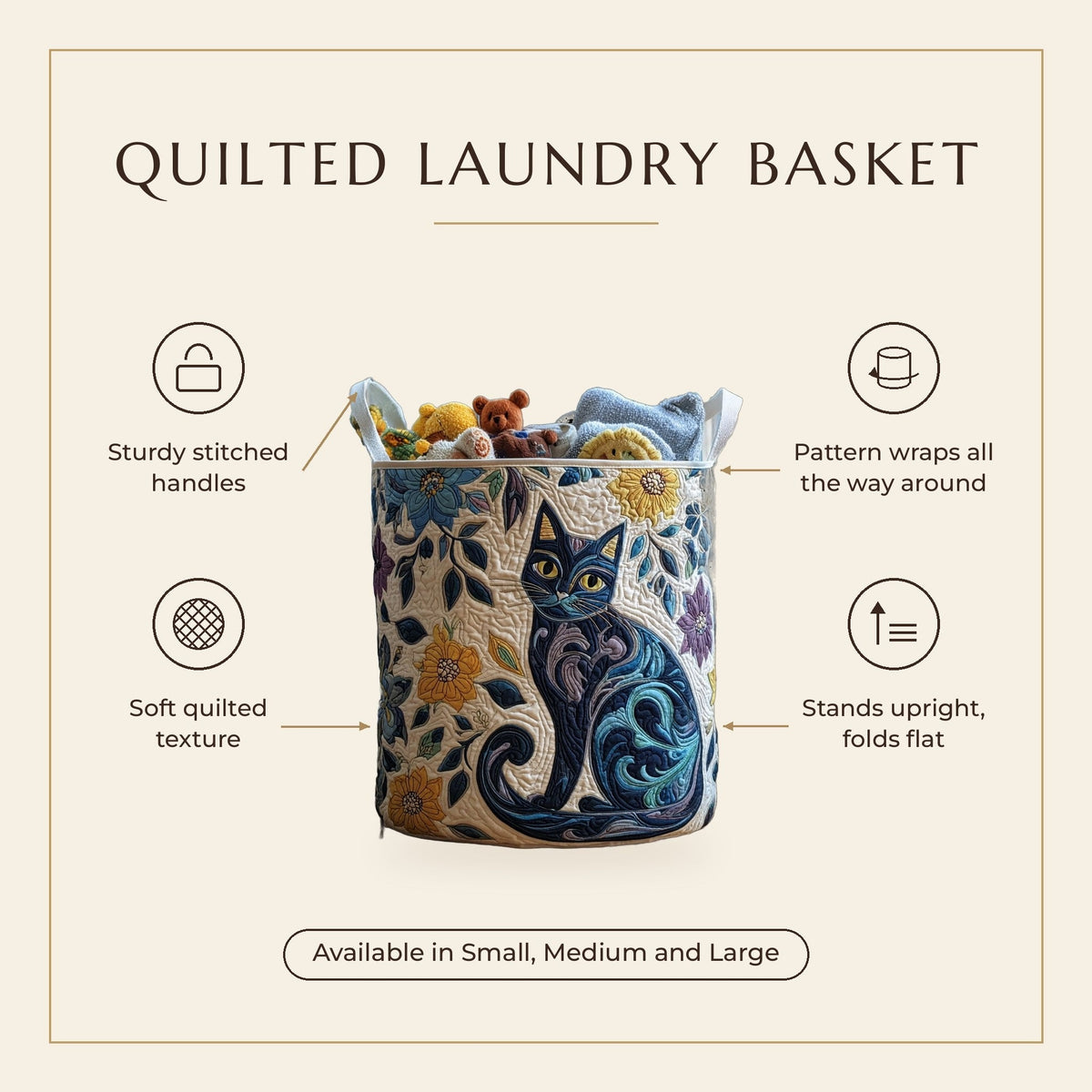 Quilted Laundry Basket - The League of Nine Lives features infographic