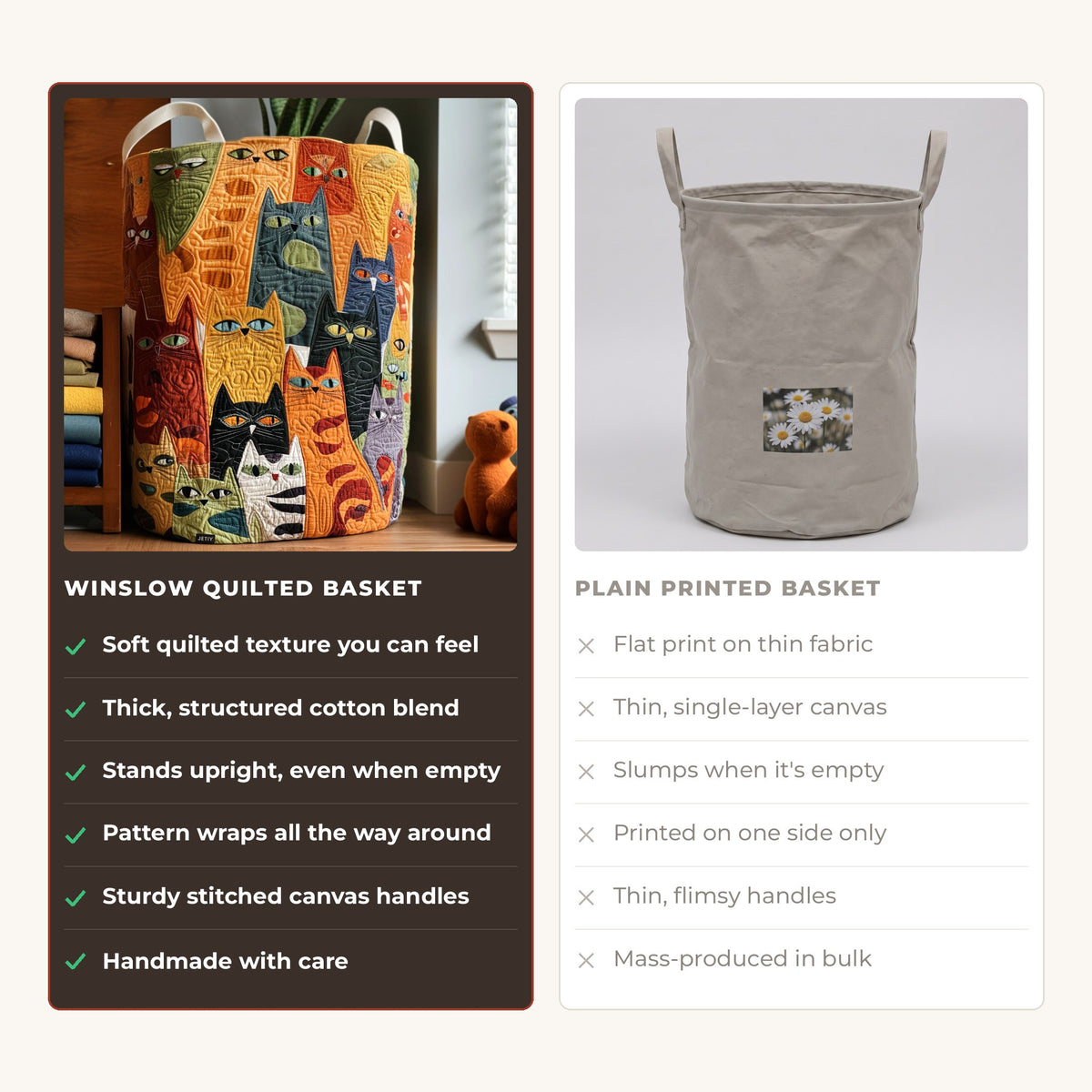Quilted Laundry Basket - The Purring Band compared with a plain printed basket