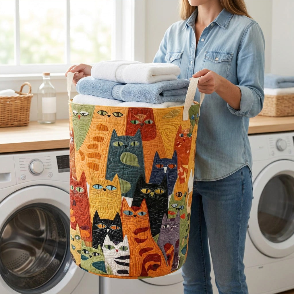 Quilted Laundry Basket - The Purring Band held in a laundry room, filled with towels