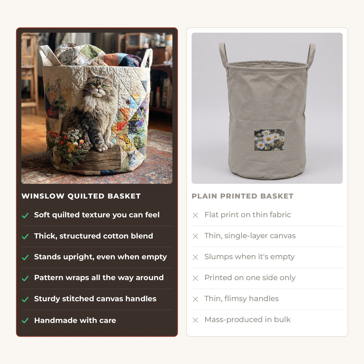 Quilted Laundry Basket - The Whisker Band compared with a plain printed basket