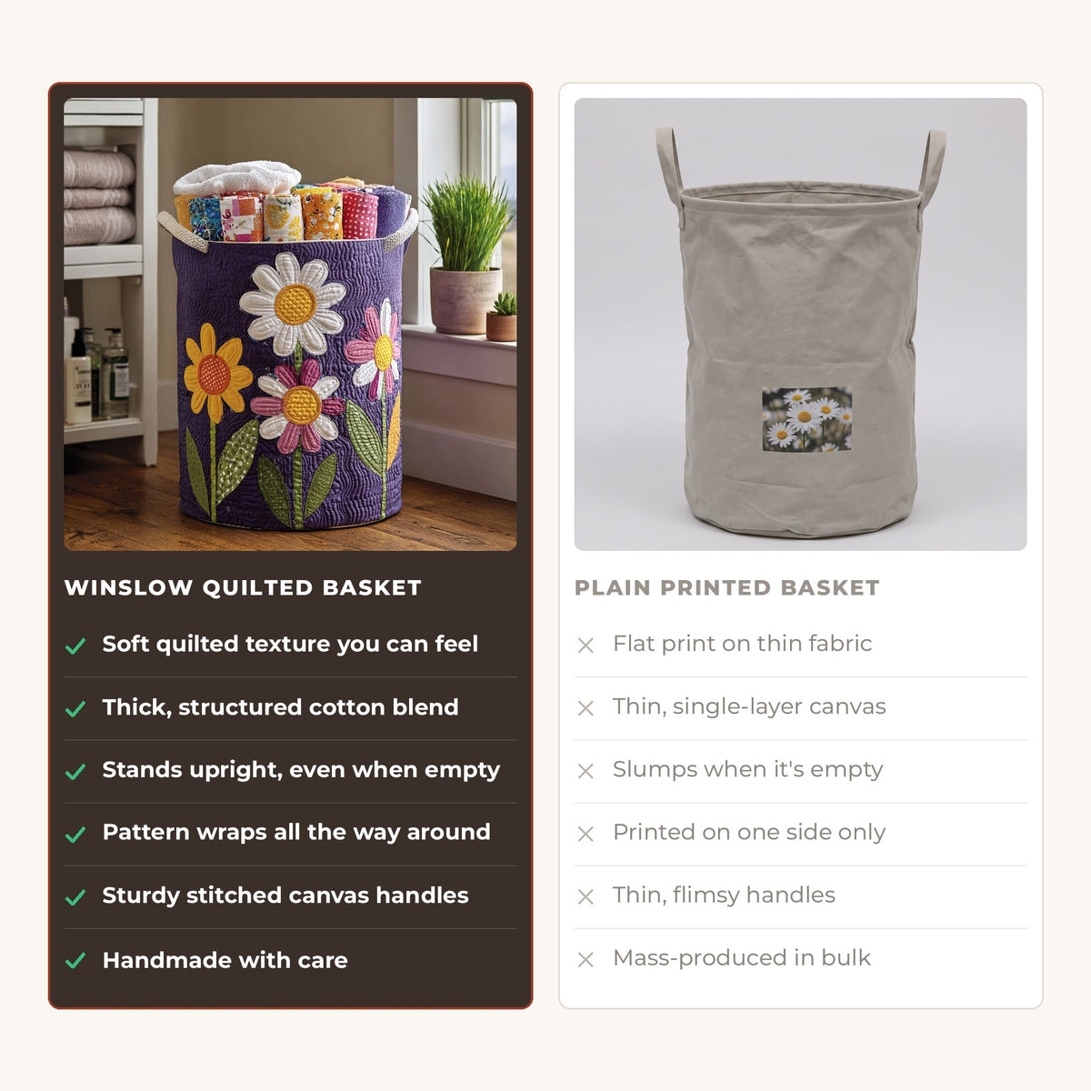 Quilted Laundry Basket - Timeless compared with a plain printed basket