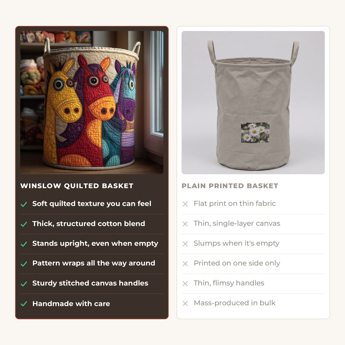 Quilted Laundry Basket - Timeless Horse compared with a plain printed basket