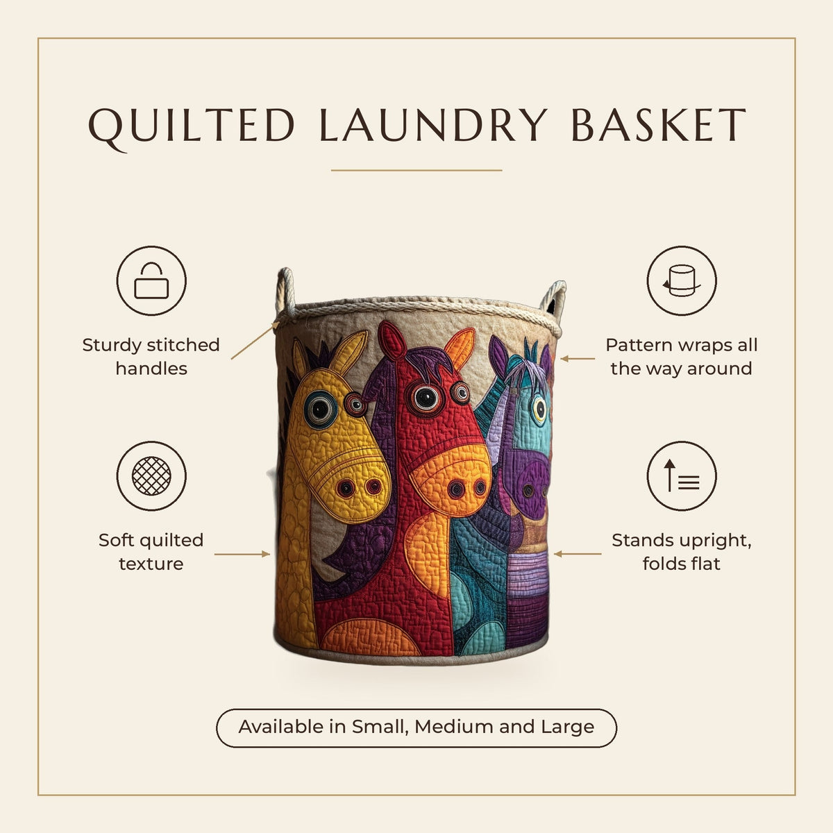 Quilted Laundry Basket - Timeless Horse features infographic