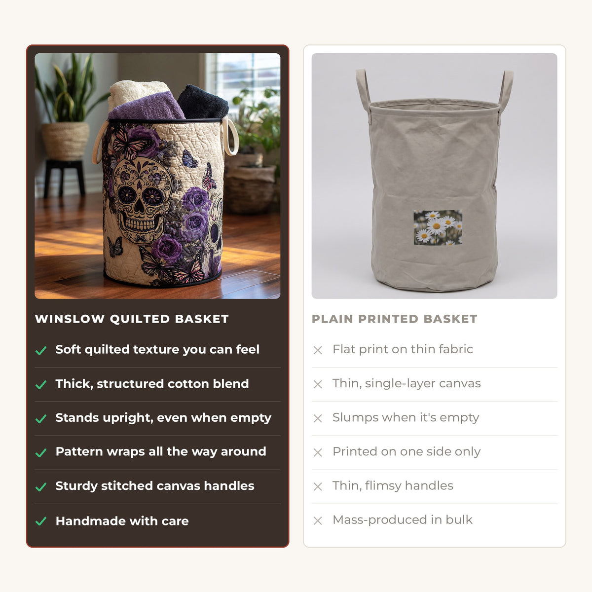Quilted Laundry Basket - Timeless Spirit compared with a plain printed basket