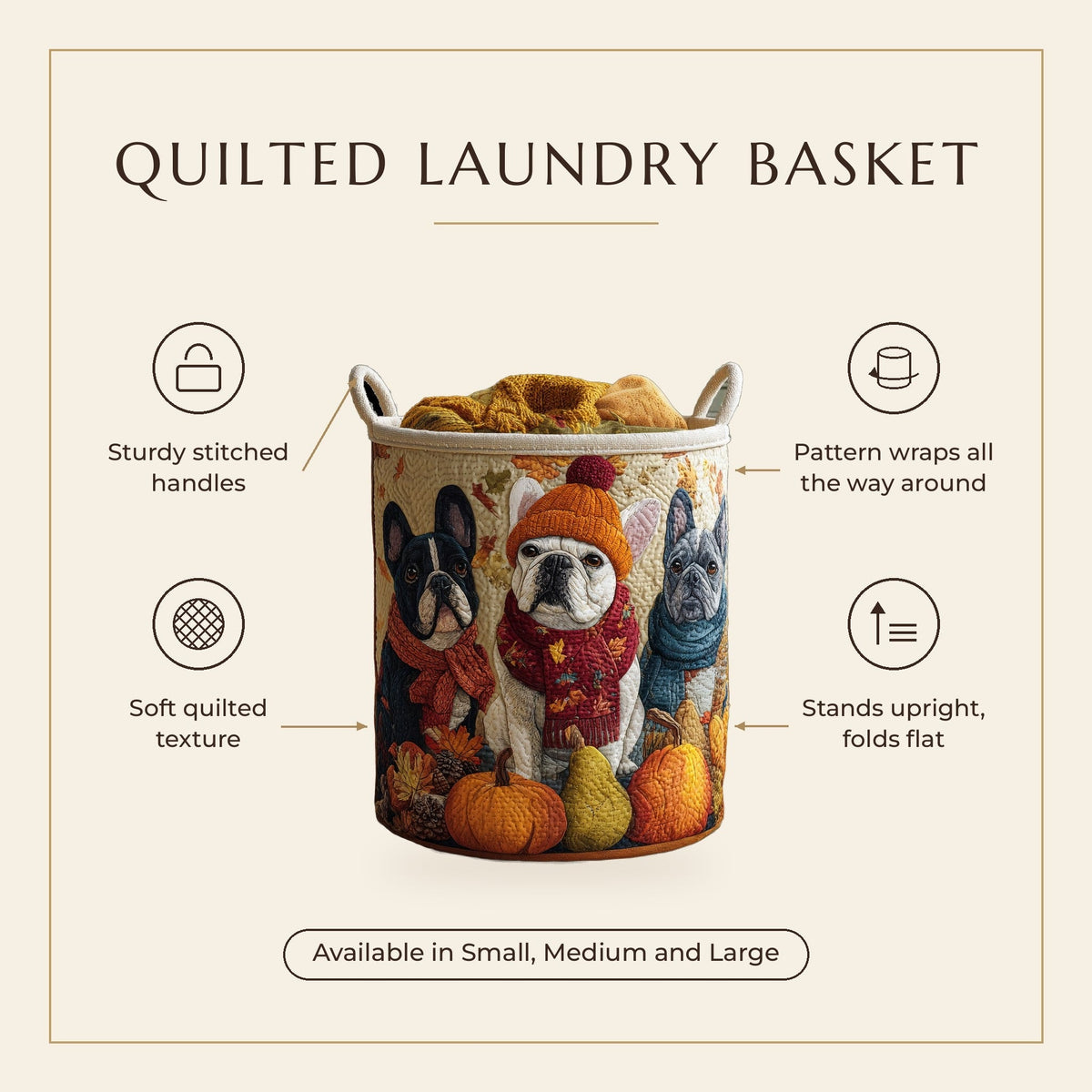 Quilted Laundry Basket - Trio of Cuddly Bulldogs features infographic
