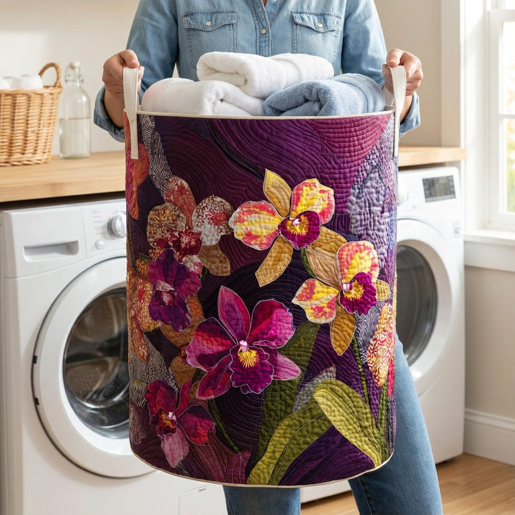Quilted Laundry Basket - Tropical Velvet held in a laundry room, filled with towels