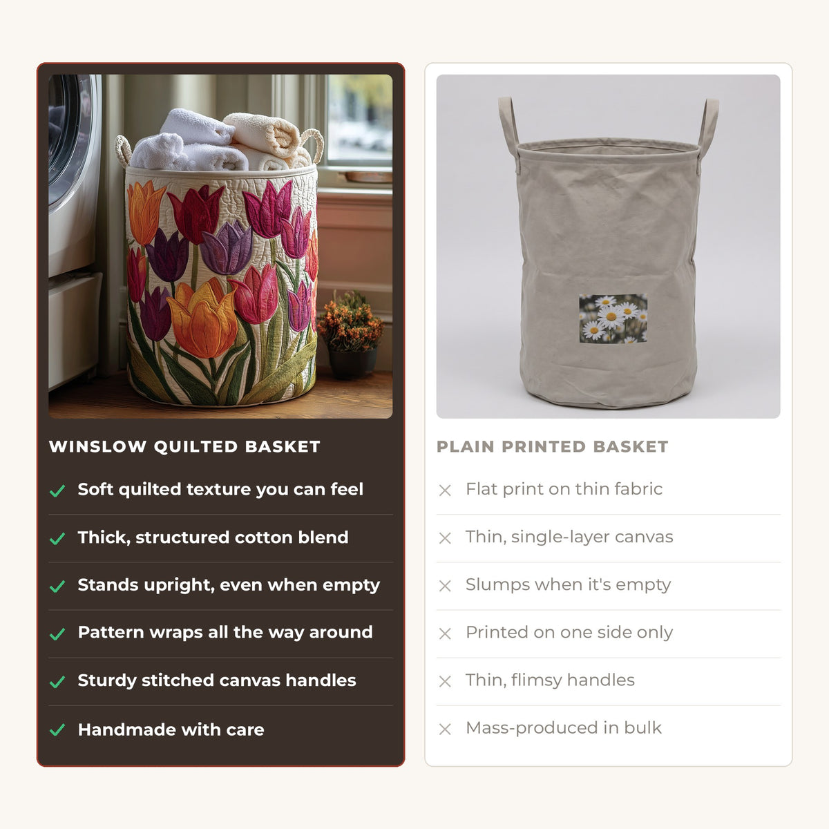 Quilted Laundry Basket - Tulip Joy compared with a plain printed basket
