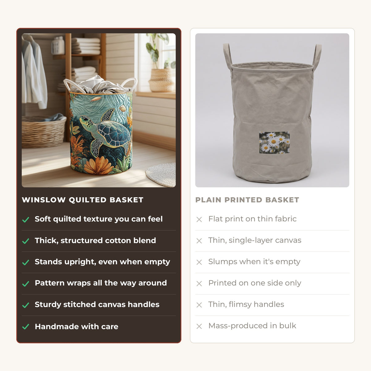 Quilted Laundry Basket - Turtle Bay compared with a plain printed basket