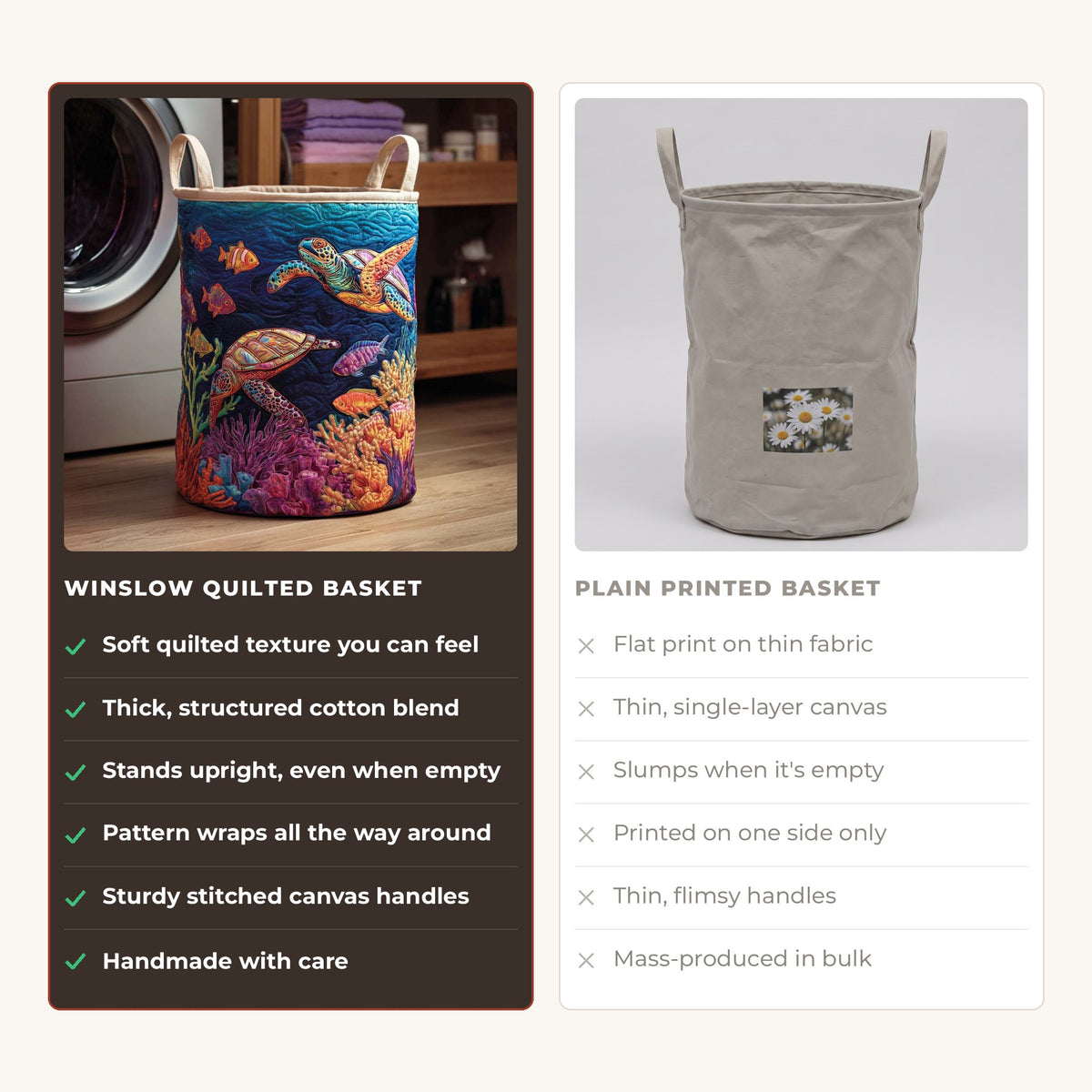 Quilted Laundry Basket - Turtle Bay II compared with a plain printed basket